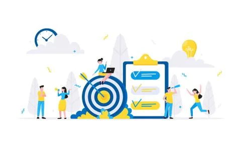 Teamwork concept with tiny people characters working together with big target Stock Illustration