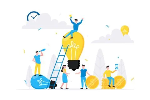 Teamwork concept with tiny people characters working together with big light Stock Illustration
