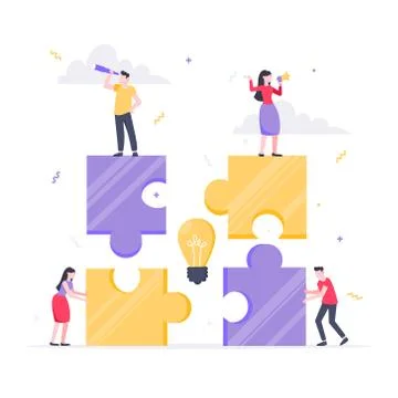 Teamwork concept with tiny people characters working together with big jigsaw Illustrazione stock