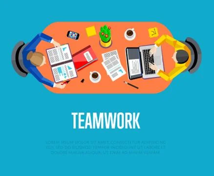 Teamwork concept. Top view workspace background Stock Illustration