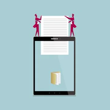 Teamwork concept. Two businessmen stuffed the files into the tablet. Stock Illustration