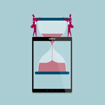 Teamwork concept. Two businessmen stuffed the hourglass into the tablet. Stock Illustration