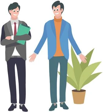 Teamwork concept with two men solving tasks together, standing and communicating 스톡 일러스트