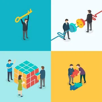 Teamwork, Connection, Key solution, Search concept. Isometric 3d vector set Stock Illustration