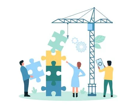 Teamwork construction, company cooperation, tiny people build puzzles tower from Stock Illustration