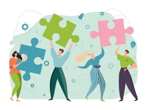 Teamwork, cooperation concept, puzzles in hands successful, joyful people Stock Illustration