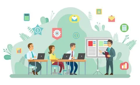Teamwork Cooperation, Workers and Laptop Vector Stock Illustration