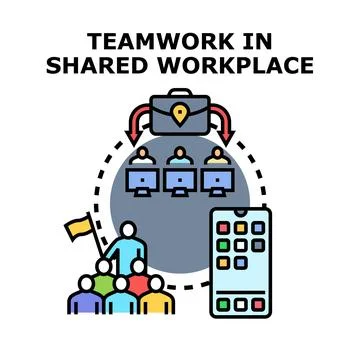 Teamwork creating collaboration in shared remote workplace Stock Illustration