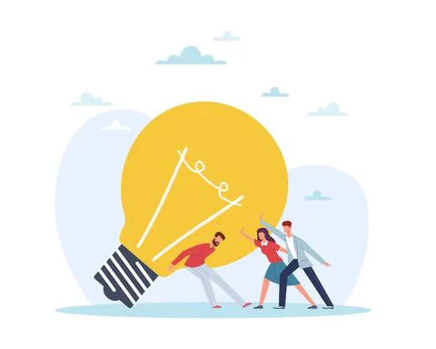 Teamwork of creating an idea. Group of people raise huge light bulb 库存插图