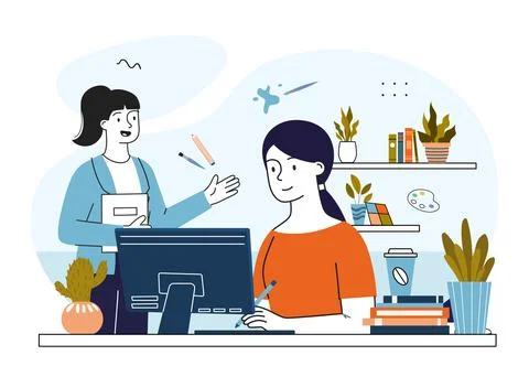 Teamwork in creative office workspace. Vector illustration Illustrazione stock