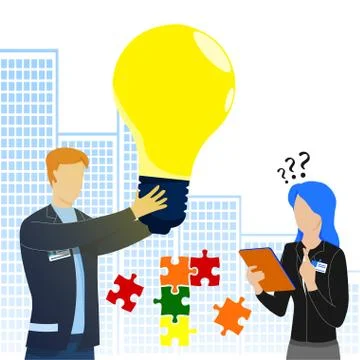 Teamwork. Creative worker holding large glowing light bulb in his hands Stock Illustration
