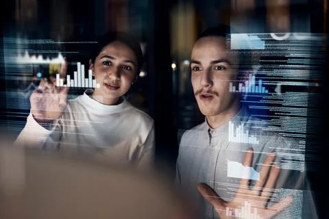 Teamwork, cyber security and programmer with business people at night for Stock Photos