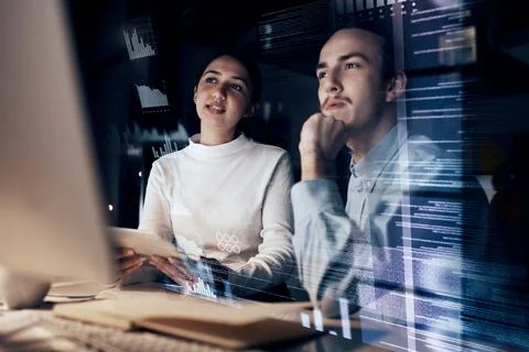 Teamwork, cyber security and programming with business people at computer for Photos