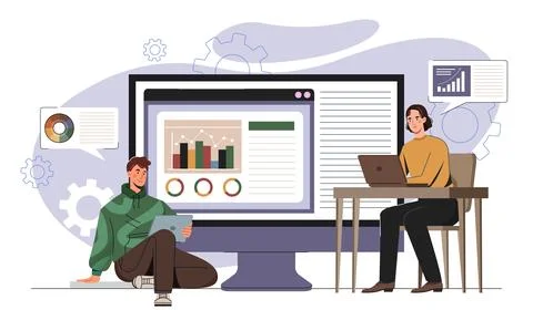 Teamwork with data analysis tools. Vector illustration イラスト素材