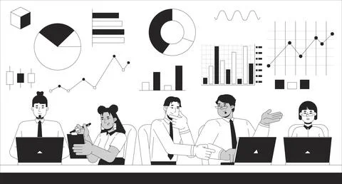 Teamwork data analytics black and white 2D illustration concept Stock Illustration