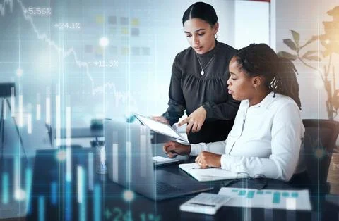 Teamwork, data and women in office with overlay for online financial growth Foto stock