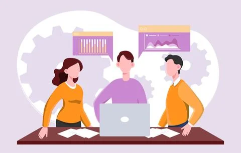 Teamwork with data charts and laptop. Vector illustration Stock Illustration
