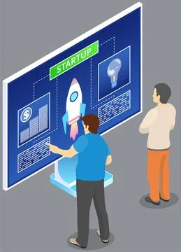 Teamwork, dealing with startup with rocket. Team planning new project Stock Illustration