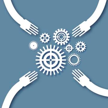 Teamwork design with gears and cogs working together in paper cut style. Origami Stock Illustration