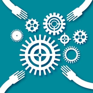 Teamwork design with gears and cogs working together in paper cut style. Origami Stock Illustration