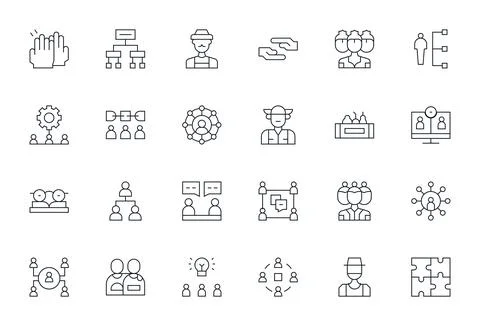 Teamwork Design Vector Icons featuring 24 Detail Enhanced Thin Line Style Stock Illustration