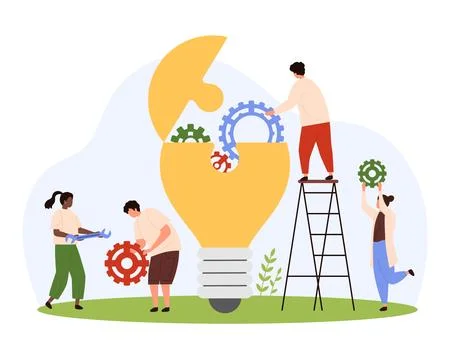 Teamwork to develop good creative idea, tiny people implement project Stock Illustration