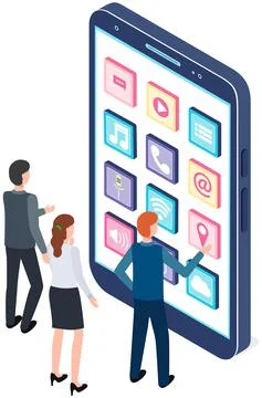 Teamwork with development of mobile app. People looking at application icons イラスト素材