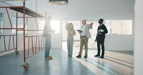Teamwork, discussion and construction workers on site for planning repairs Stock Footage 341461714