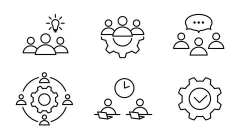 Teamwork with discussion, brainstorming icon set Illustrazione stock