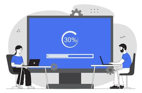 Teamwork during software update process. Vector illustration イラスト素材