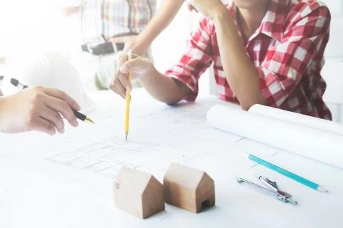 Teamwork off engineer meeting for architectural project. Stock Photos