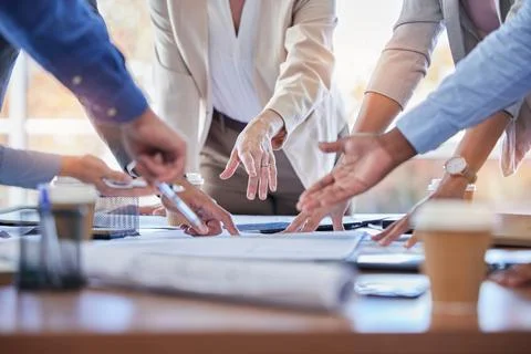 Teamwork, engineering and hands with blueprint planning construction project in Stock Photos