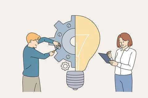 Teamwork of engineers developing innovative product and creating prototype after Stock Illustration