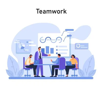 Teamwork exemplified. Collaborative team engages in discussion at a tech-infused Stock Illustration