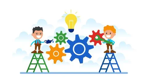 Teamwork on finding new ideas.	 Stock Illustration