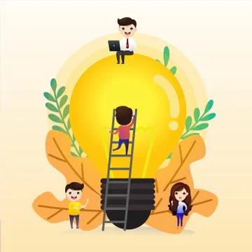 Teamwork on finding new ideas, little people launch a mechanism, search for n Stock Illustration