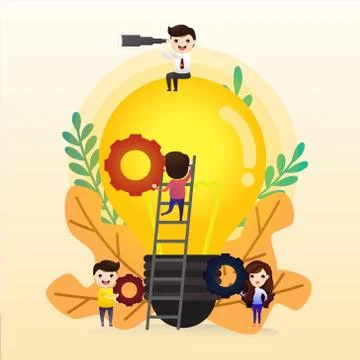 Teamwork on finding new ideas, little people launch a mechanism, search for n Stock Illustration