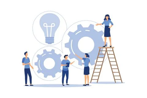 Teamwork on finding new ideas, little people launch a mechanism, search for n Illustrazione stock