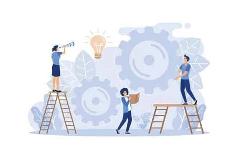 Teamwork on finding new ideas, little people launch a mechanism, search for.. Illustrazione stock