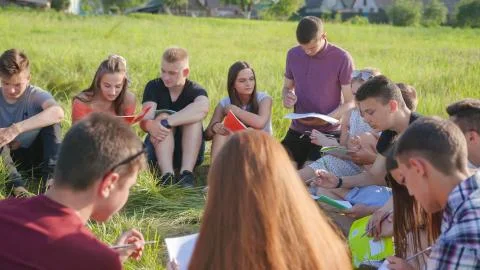 Teamwork of friendly students on the grass. Foto stock