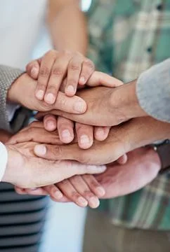 Teamwork, group or hands in stack with support or collaboration, diversity in Foto stock