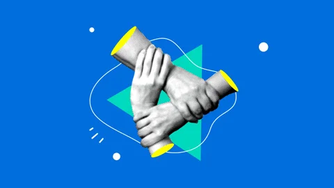 Teamwork. Halftone hands hold each others wrists in circle. Link team 库存影片 331849306