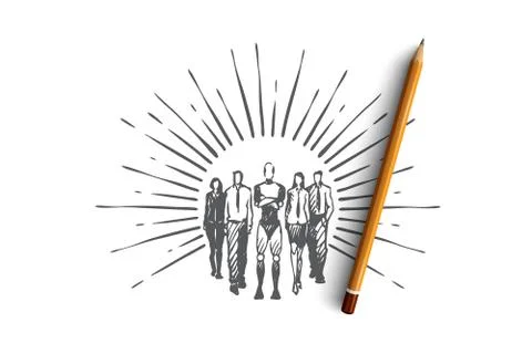 Teamwork, HCI, automation, technology, team concept. Hand drawn isolated vect 스톡 일러스트