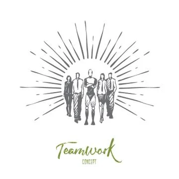 Teamwork, HCI, automation, technology, team concept. Hand drawn isolated vect 스톡 일러스트
