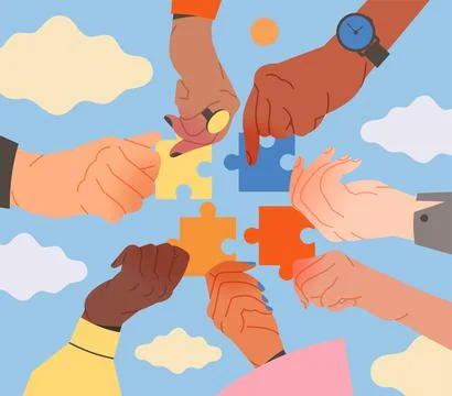 Teamwork with Human Hands Connecting Jigsaw Puzzle Element Engaged in Successful Stock Illustration