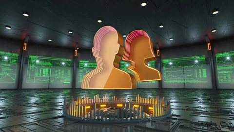 Teamwork icon surrounded by data screens appears in the middle of hi-tech room Stock Footage 86906913