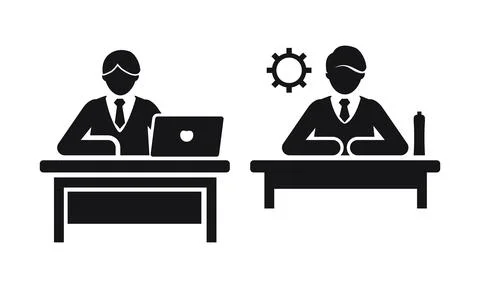 Teamwork Icon with Two Businessmen, Computers, and Gear Mechanism Stock Illustration