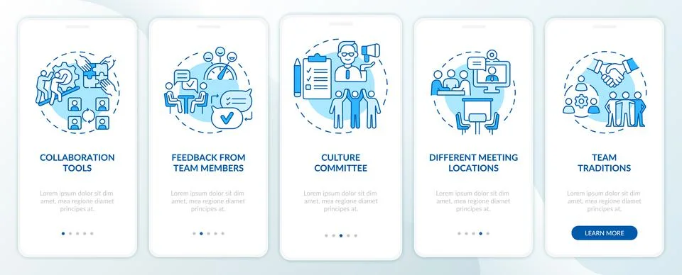 Teamwork improving tips blue onboarding mobile app screen Illustrazione stock