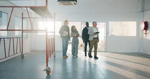 Teamwork, inspection and construction workers on site for planning repairs Stock Footage 341472569