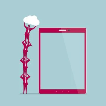 Teamwork. Install the cloud symbol on your tablet. Stock Illustration